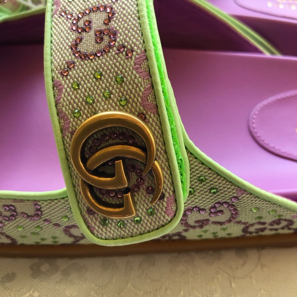 Gucci Crystal Canvas Purple/Lime GG Slides Sandals Women’s Size 39+ US-9 Shoes - Picture 10 of 14